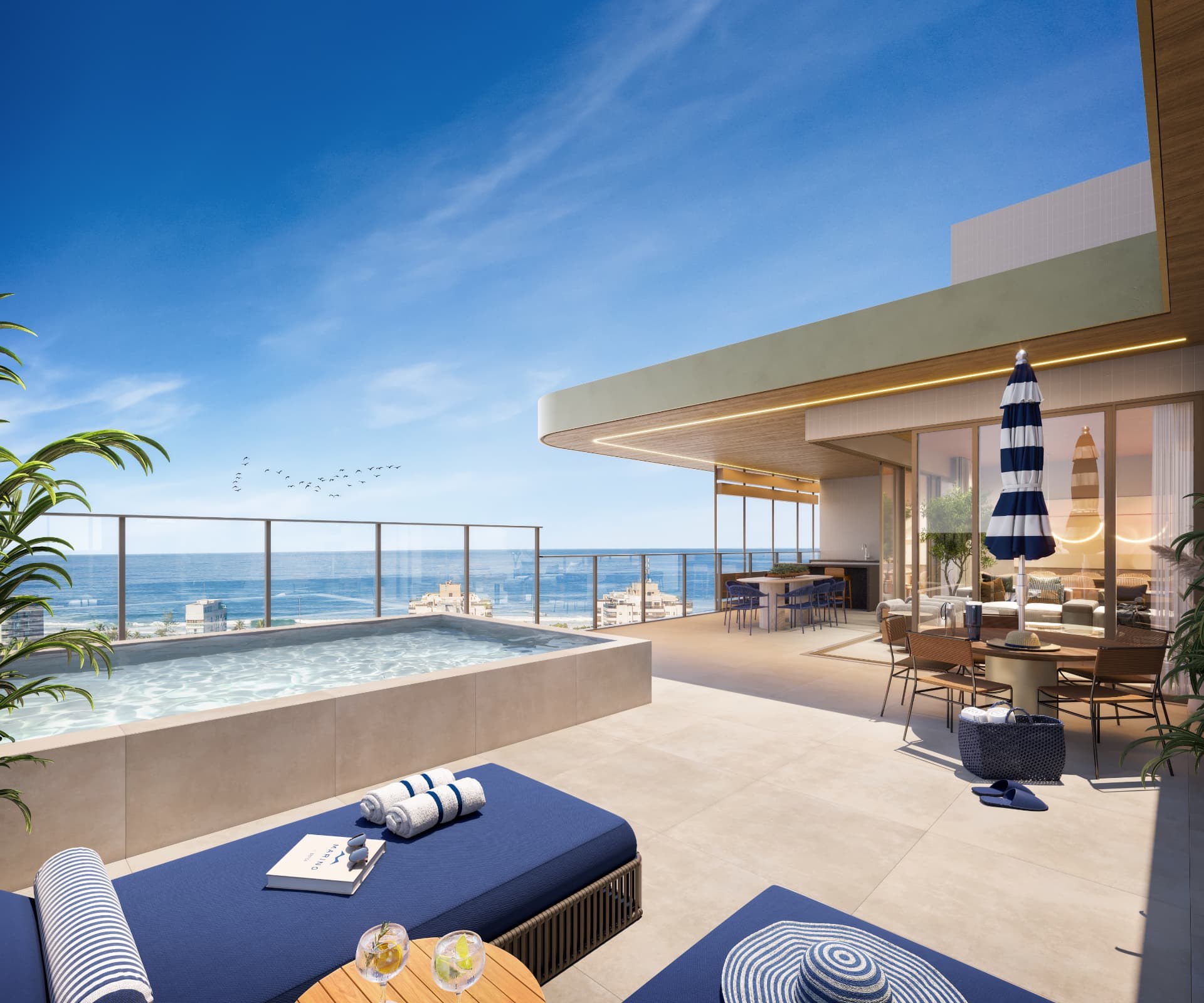 Terraço da cobertura linear do Marino by Breton com piscina privativa e vista para o mar