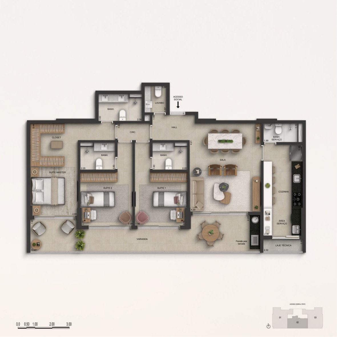 Planta do apartamento de 3 suítes do Marino by Breton
