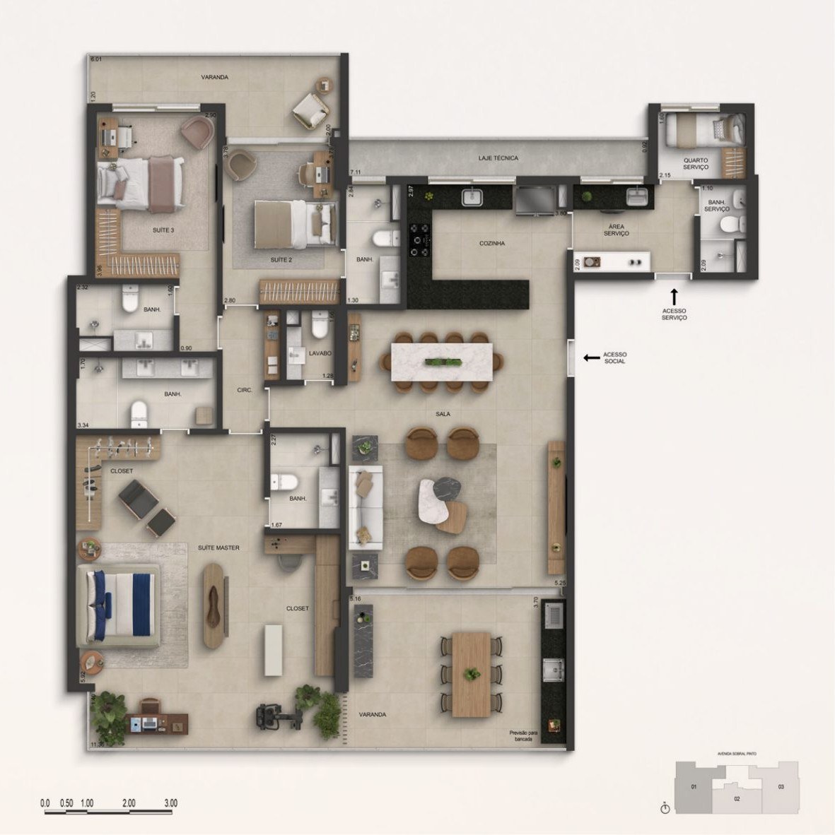 Planta do apartamento de 4 suítes do Marino by Breton